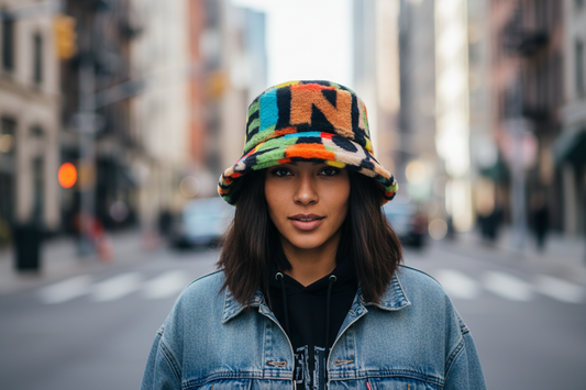 Colorful bucket hat with abstract patterns on a white background