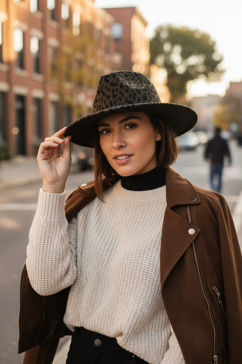 Austin Wool Felt Animal Print Fedora Hat, Adjustable