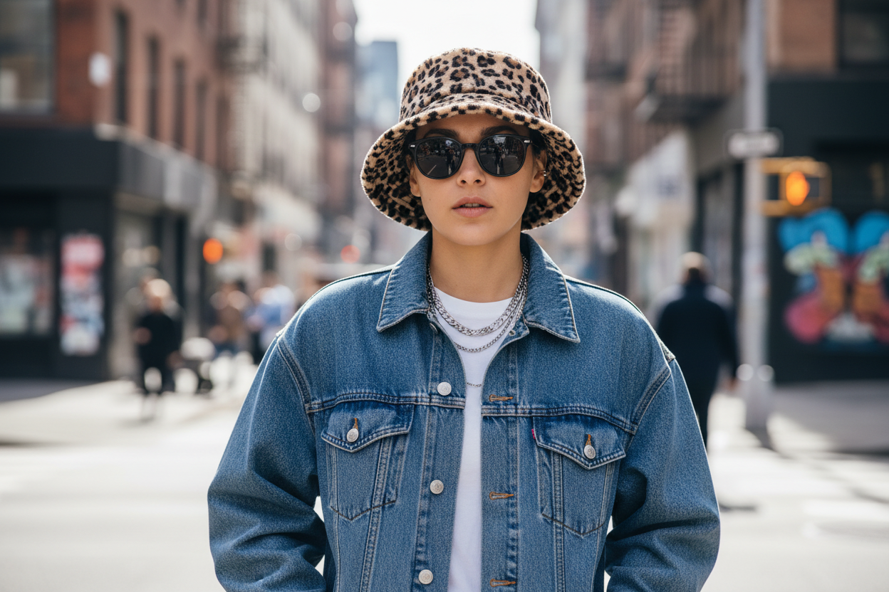 A double-sided fisherman hat with a leopard print pattern, primarily in a beige color with black spots.