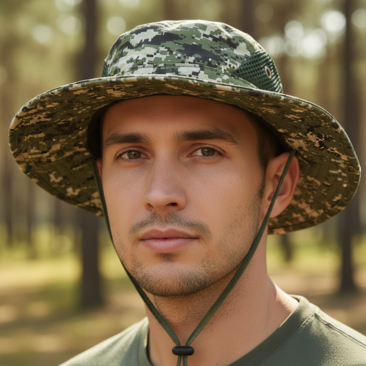 Camouflage-patterned sun hat on a white background