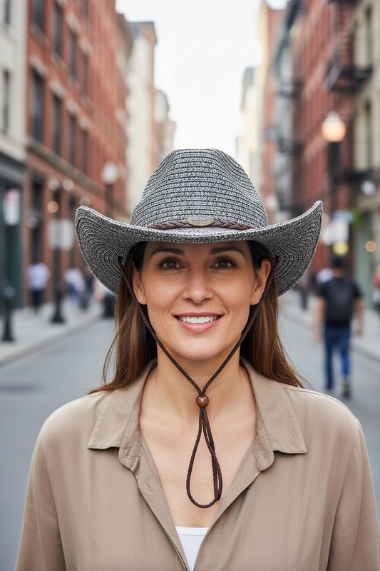 Gray straw cowboy hat with a brown band and decorative string on a white background