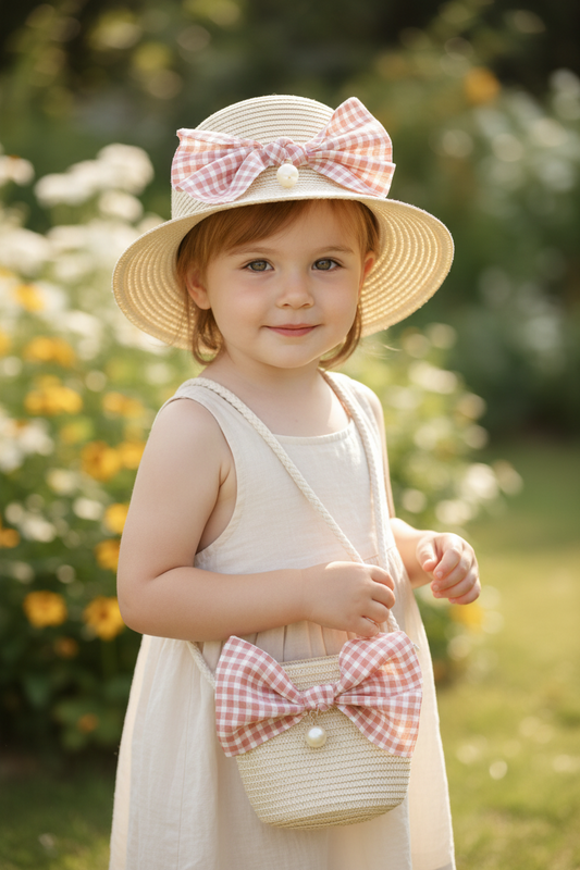 Straw hat and bag set with plaid bow on a light background