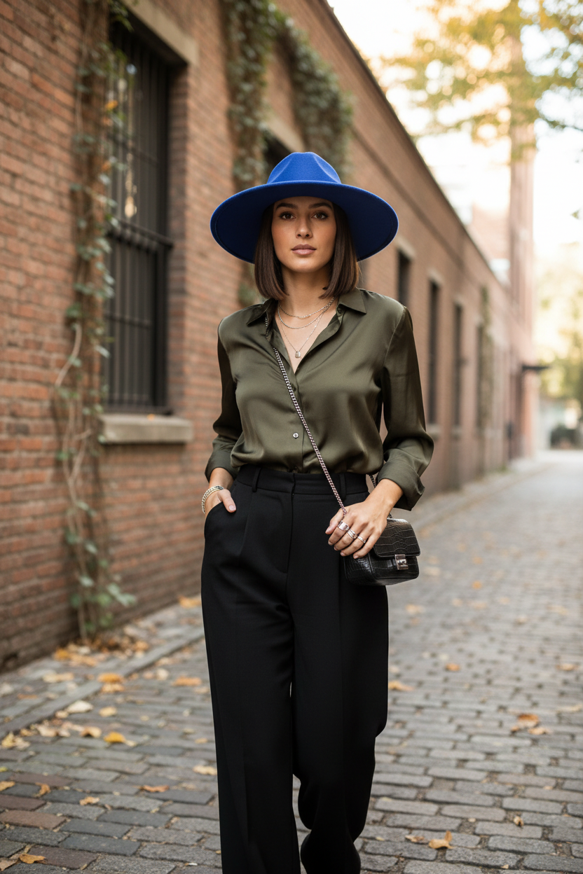 Blue fedora hat with a black band on a white background