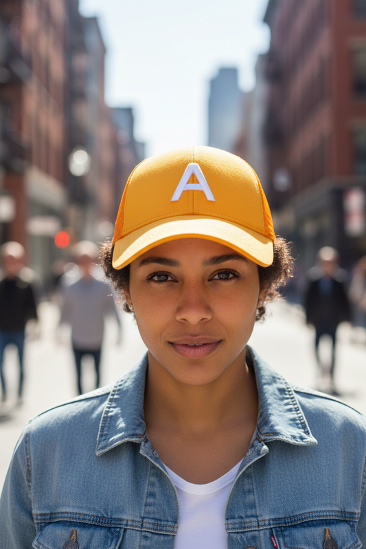 Yellow cap with orange mesh back and white letter 'A' on a white background