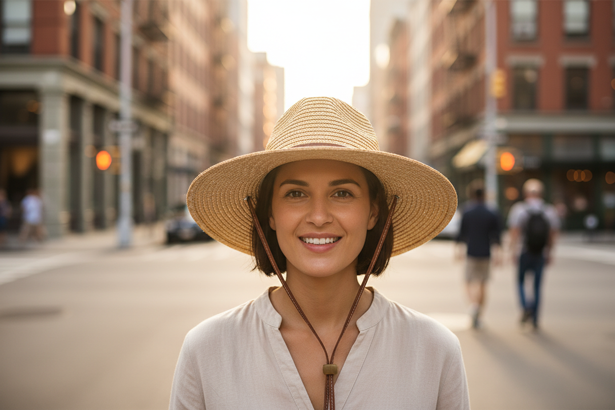Beige straw hat with brown band on a white background