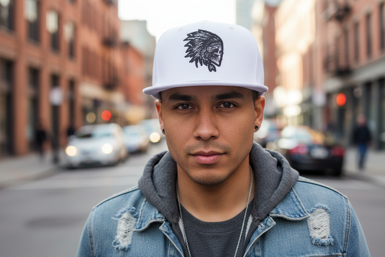 Two flat-edge hip-hop hats, one black and one white, each featuring a embroidered design of an Indian head profile.