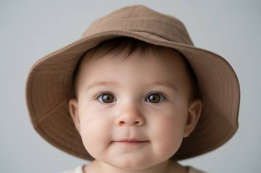 A beige baby hat with black polka dots, laid flat against a white background.