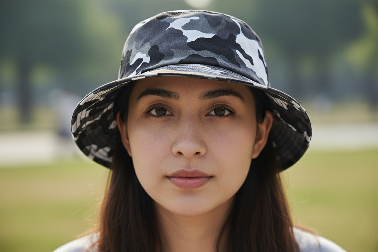 Camouflage-patterned bucket hat on a white background