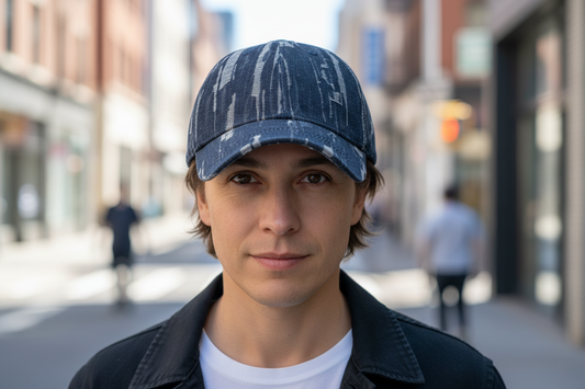 Two black baseball caps with a geometric pattern, one with a curved brim and the other with a flat brim, against a white background.