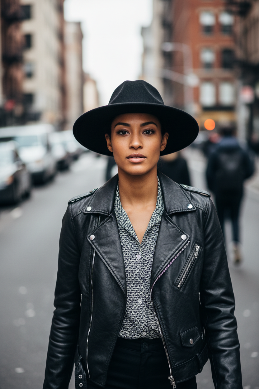 A white woolen flat brimmed jazz hat with a large brim.