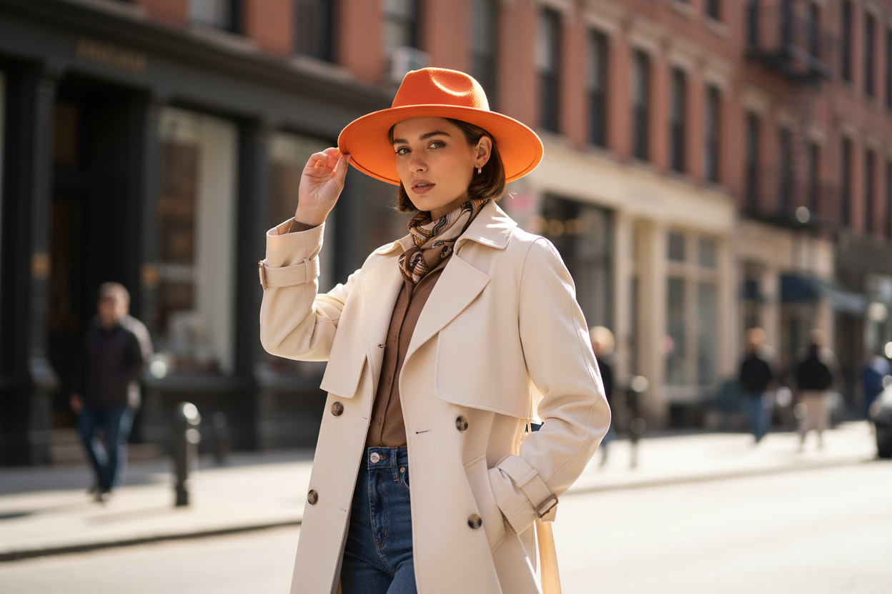 A white woolen flat brimmed jazz hat with a large brim.