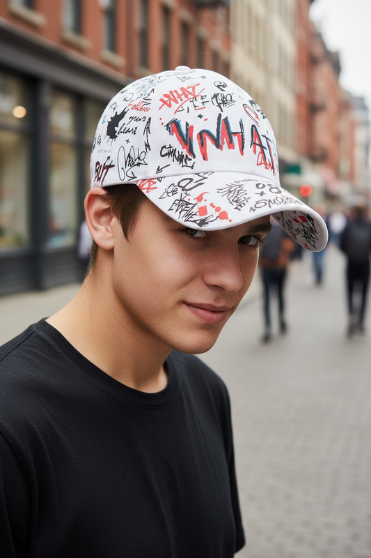 White cap with colorful text and graphics on a white background