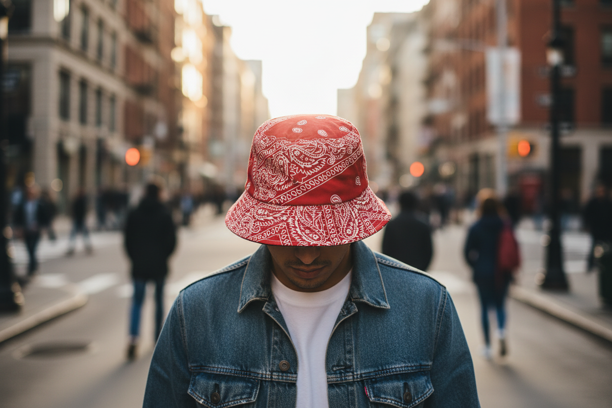 Red bandana-patterned bucket hat and black bucket hat on a white background