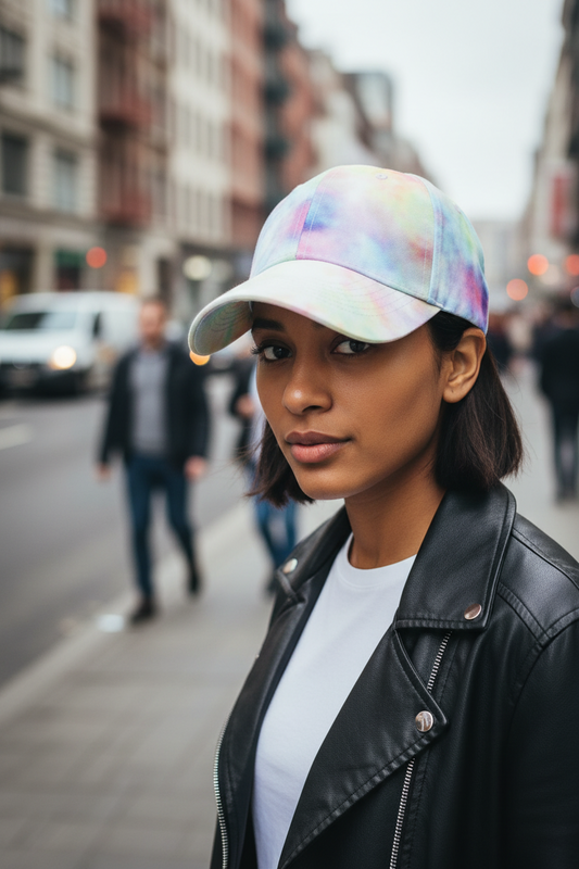 A tie-dye baseball cap in pink, with an adjustable strap, designed for general outdoor wear.