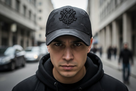 A black camouflage baseball cap with an adjustable strap and a floral pattern embroidery on the front.