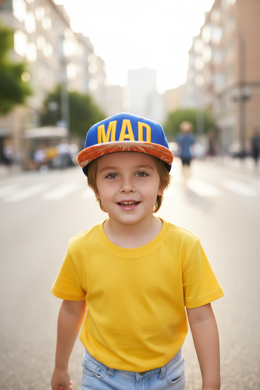 A collection of children's baseball caps in various colors, each featuring the word 'MAD' embroidered on the front.