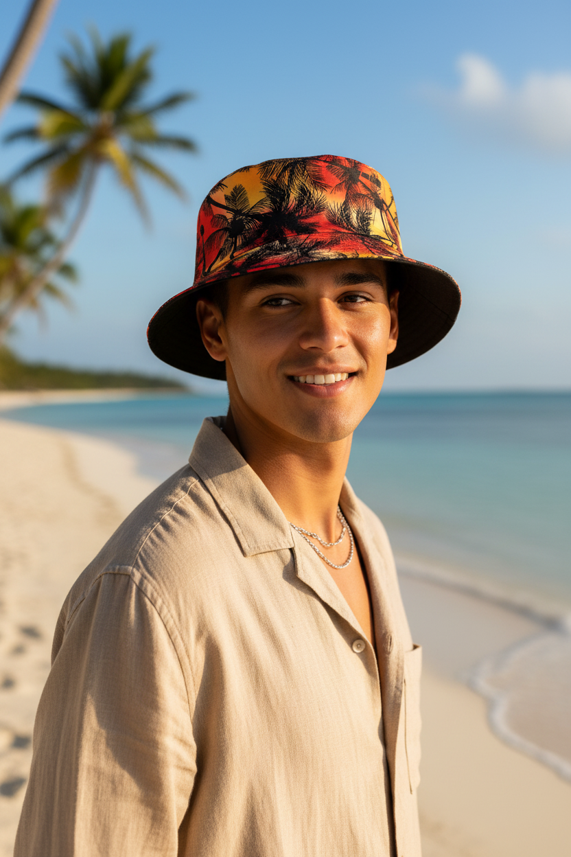 Palm Tree Polyester Bucket Hat – Flat Top, Short Brim