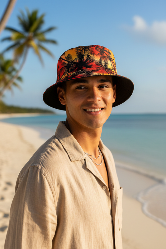 Palm Tree Polyester Bucket Hat – Flat Top, Short Brim