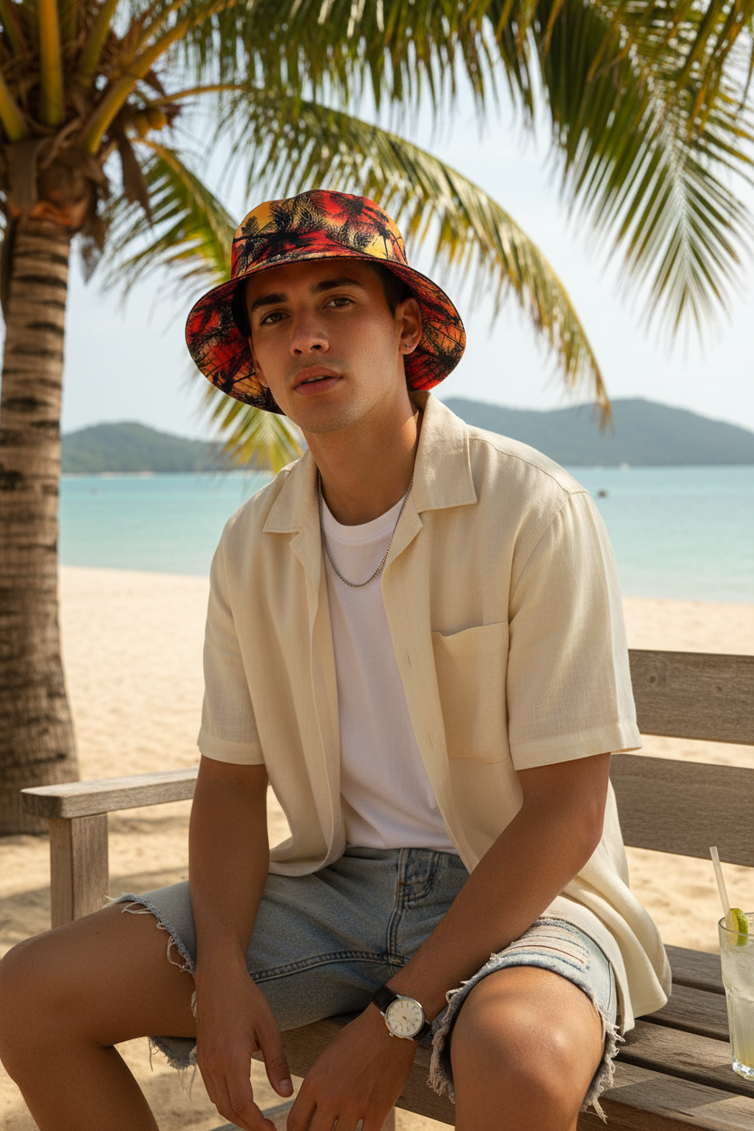 Palm Tree Polyester Bucket Hat – Flat Top, Short Brim