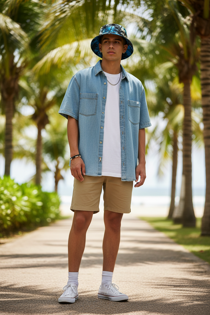 Palm Tree Polyester Bucket Hat – Flat Top, Short Brim