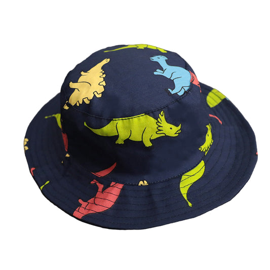 Navy blue bucket hat with colorful dinosaur pattern on a gray surface