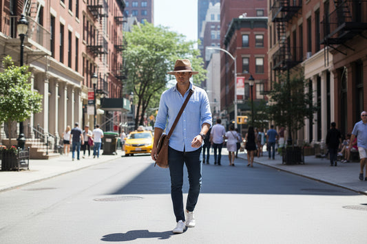 Brown straw hat with a brown band featuring a logo on a white surface.