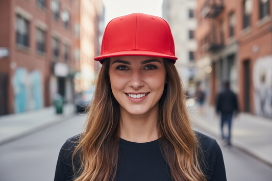 A red flat brim baseball cap with an adjustable snapback closure.