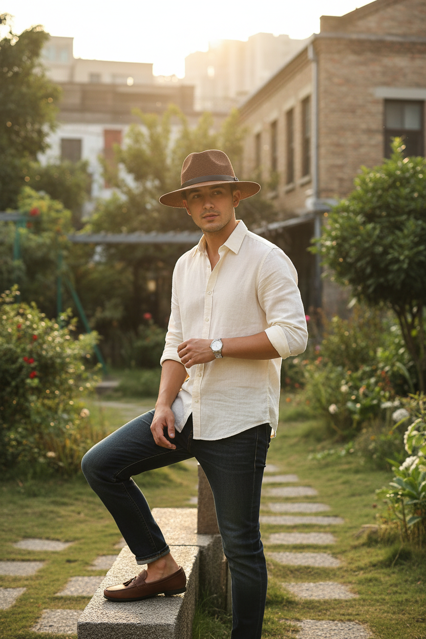 A black straw hat with a simple band and buckle in the front, suitable for middle-aged and elderly men.