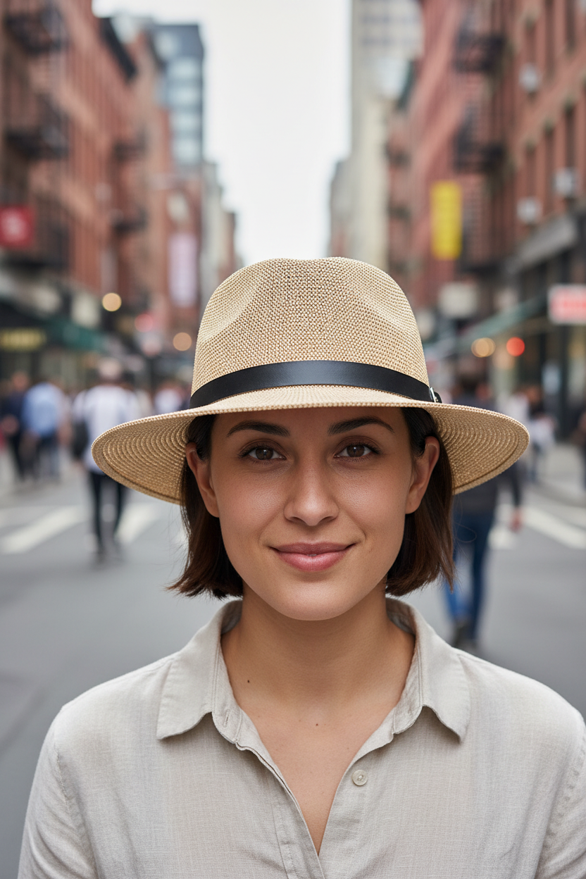 A black straw hat with a simple band and buckle in the front, suitable for middle-aged and elderly men.