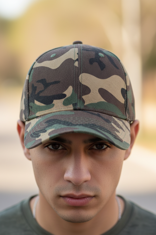 Camouflage baseball cap on a white background