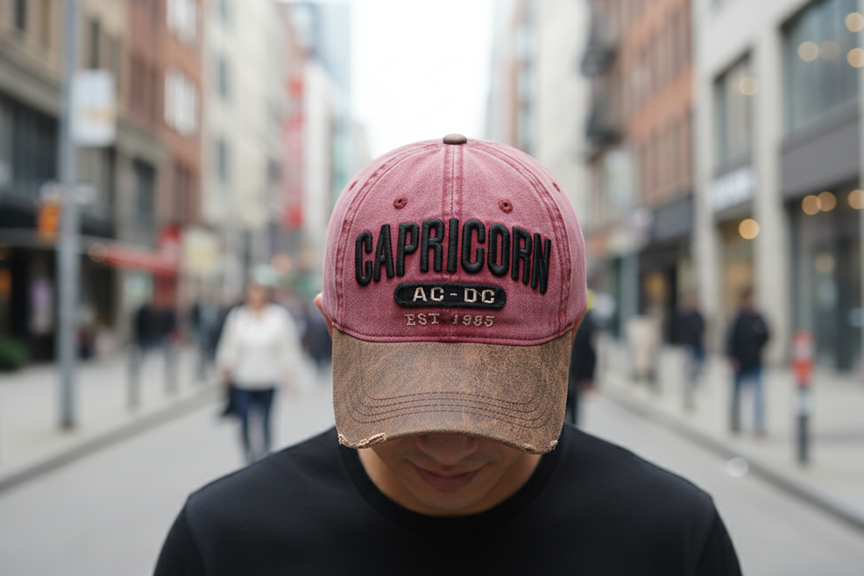 A blue and brown baseball cap with 'APRICORN' and 'EST. 1985' embroidered on the front.