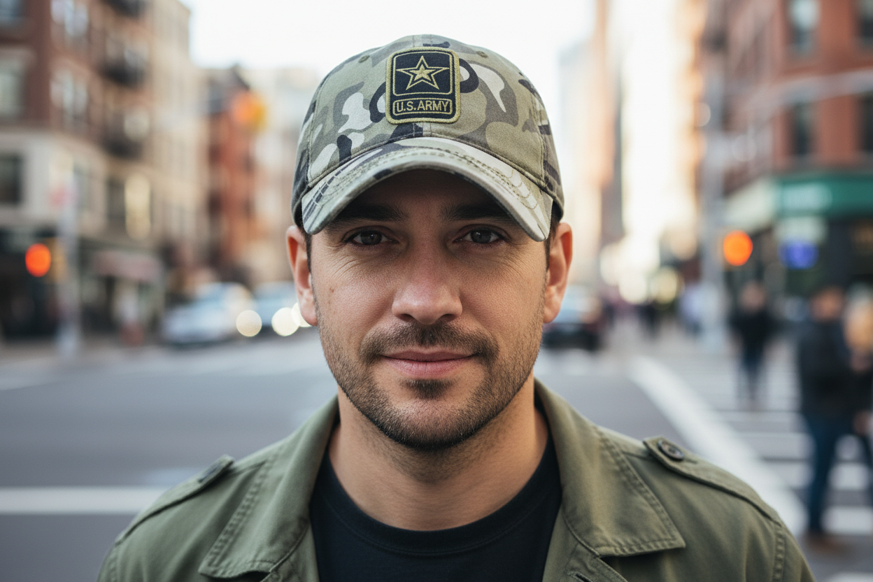Three baseball caps in black, green, and camouflage colors, each featuring an embroidered pentagram on the front.