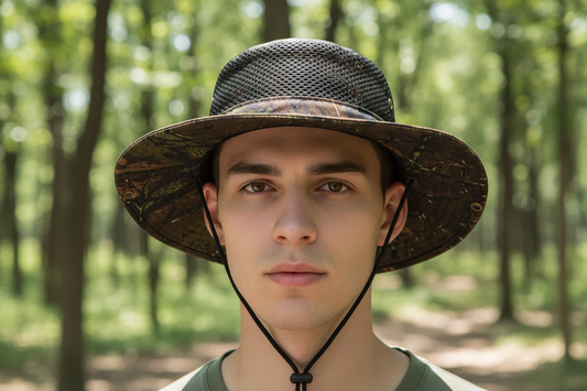 Camouflage-patterned sun hat with mesh back on a white background