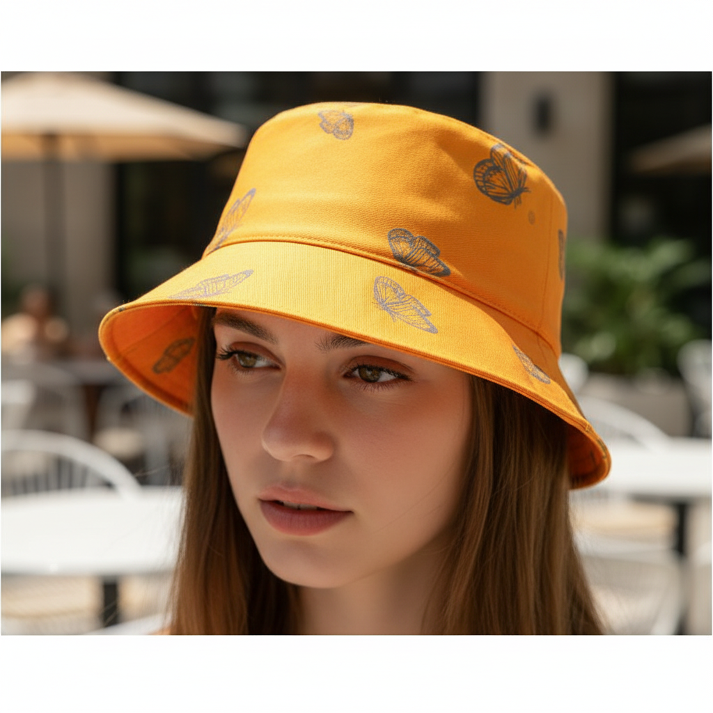 A collection of four bucket hats in different colors, each featuring a pattern of butterflies.