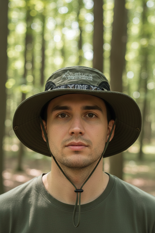 Green adventure sports hat with a strap on a white background