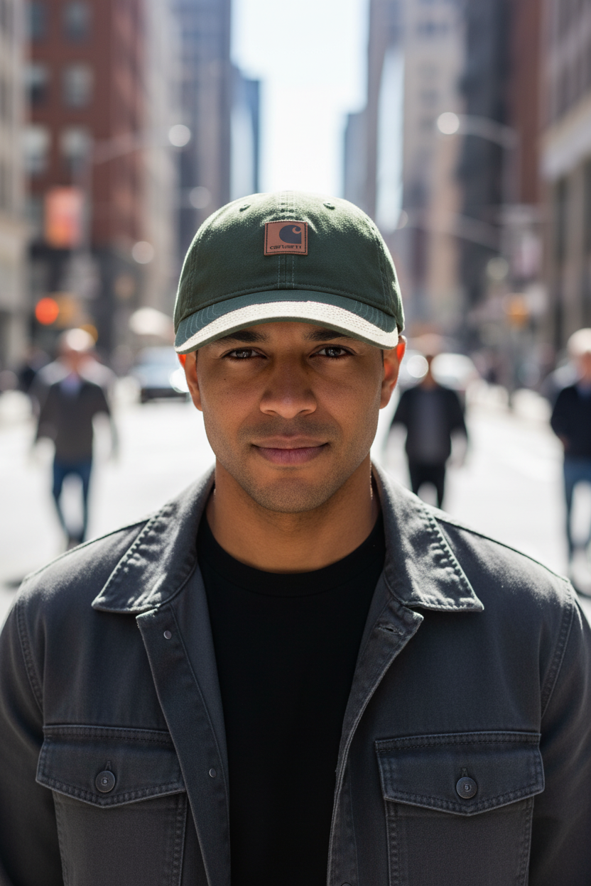 A black baseball cap with a distressed leather label featuring the Carhartt logo.