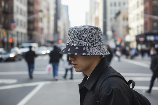 Black bucket hat with white paisley pattern on a light gray background