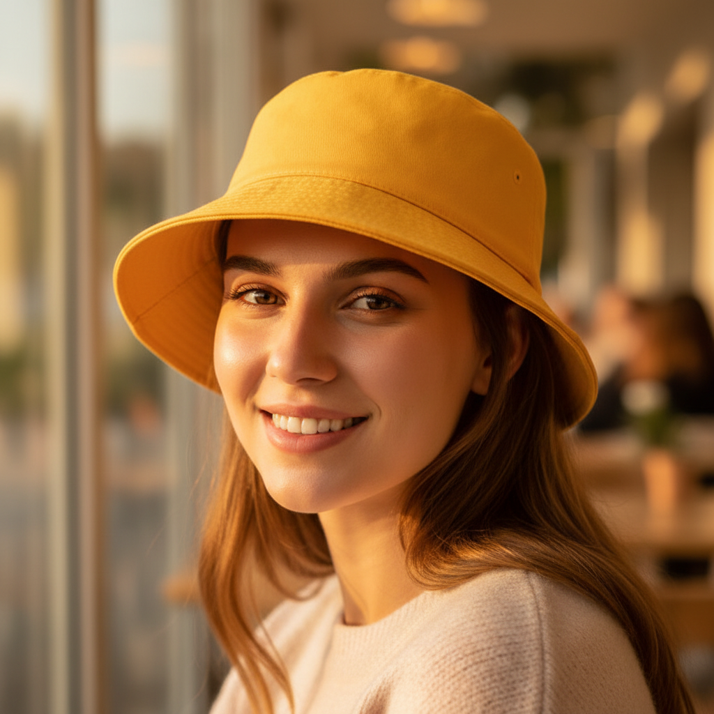 Two bucket hats, one in black and one in red, placed side by side on a plain background.