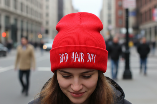 Red beanie with 'BAD HAIR DAY' text on a white background