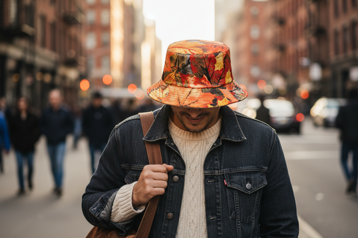 Bucket hat with autumn leaf pattern on a white background
