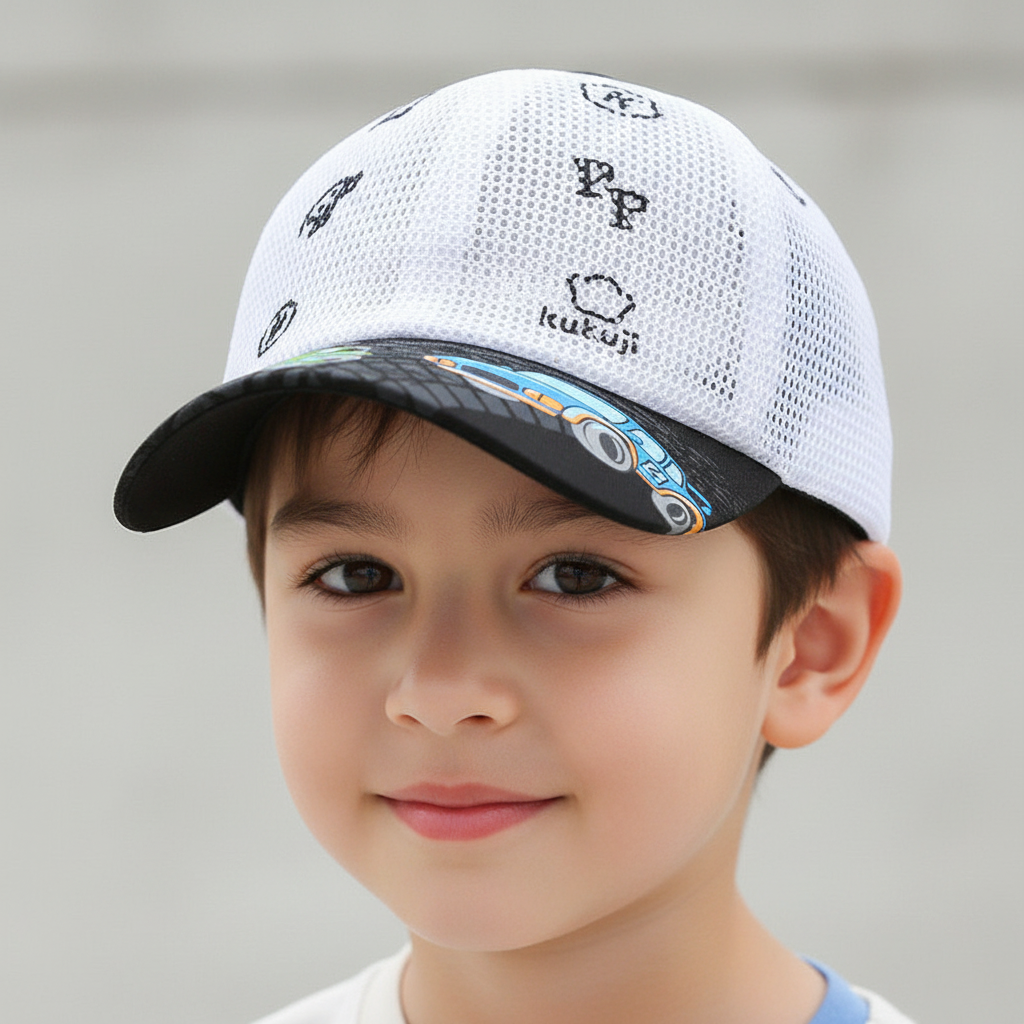 Three children's baseball caps with a wide brim, featuring colorful car patterns on a white background, displayed against a blue and pink background.