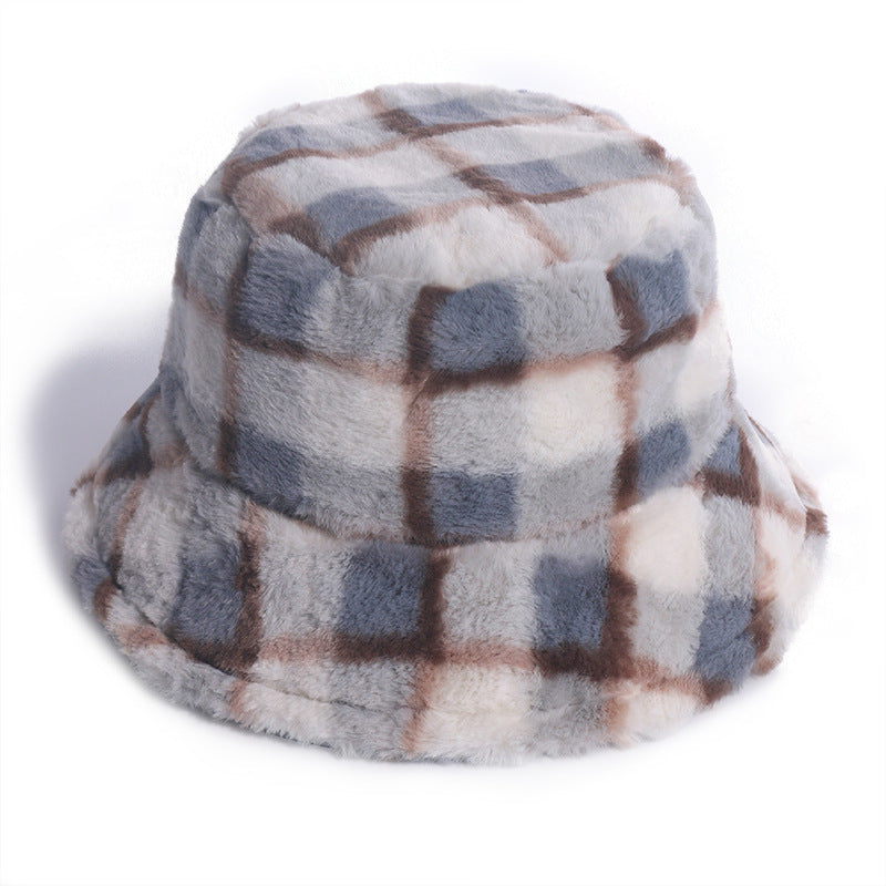 Plaid Fisherman Hat For, Korean Version Of Rabbit Fur Plush Travel Warm All-Match