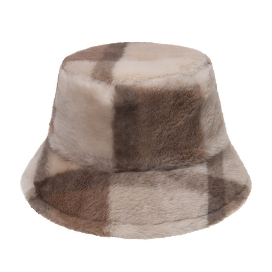 Plaid Fisherman Hat For, Korean Version Of Rabbit Fur Plush Travel Warm All-Match