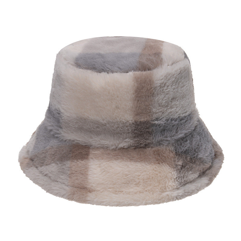 Plaid Fisherman Hat For, Korean Version Of Rabbit Fur Plush Travel Warm All-Match
