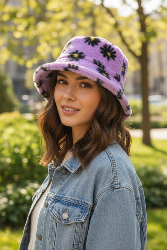 Saban Faux Fur Floral Bucket Hat – Unisex