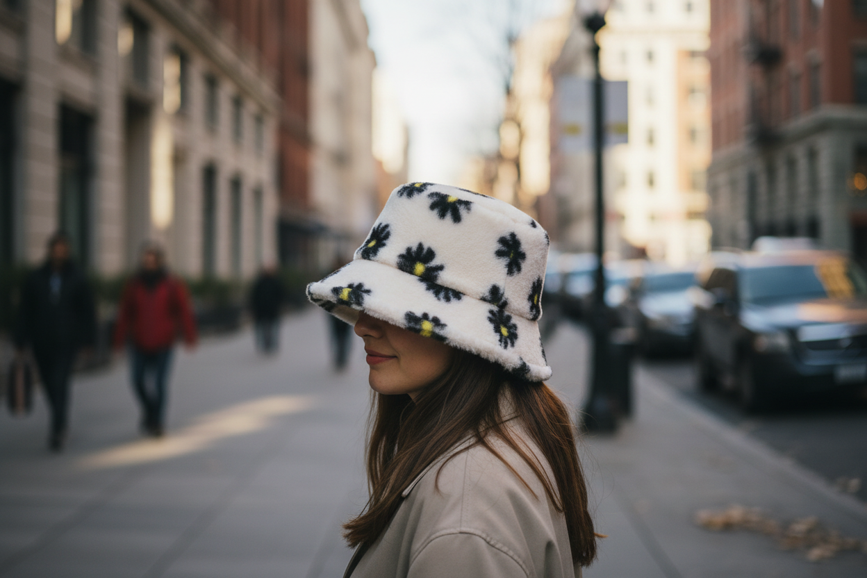 Bucket hat with black floral patterns on a white background