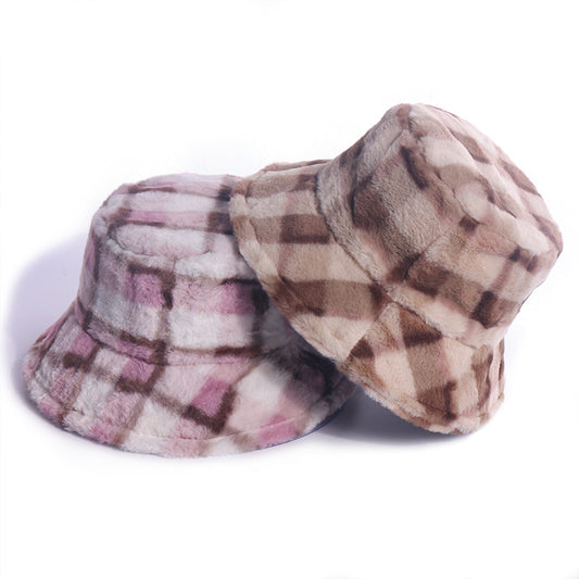 Plaid Fisherman Hat For, Korean Version Of Rabbit Fur Plush Travel Warm All-Match