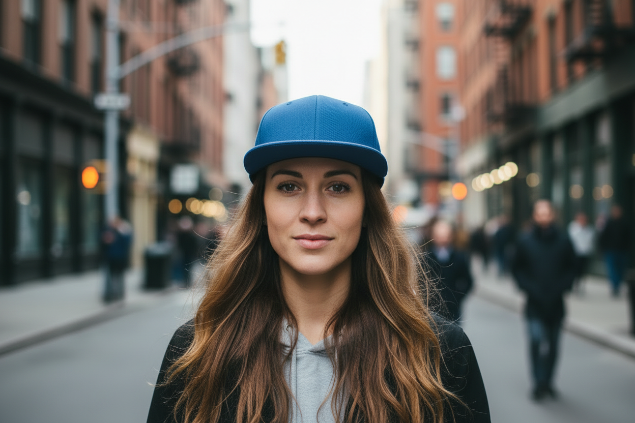 A white hip-hop style baseball cap with an adjustable size, featuring a flat brim and a brand label on the front.