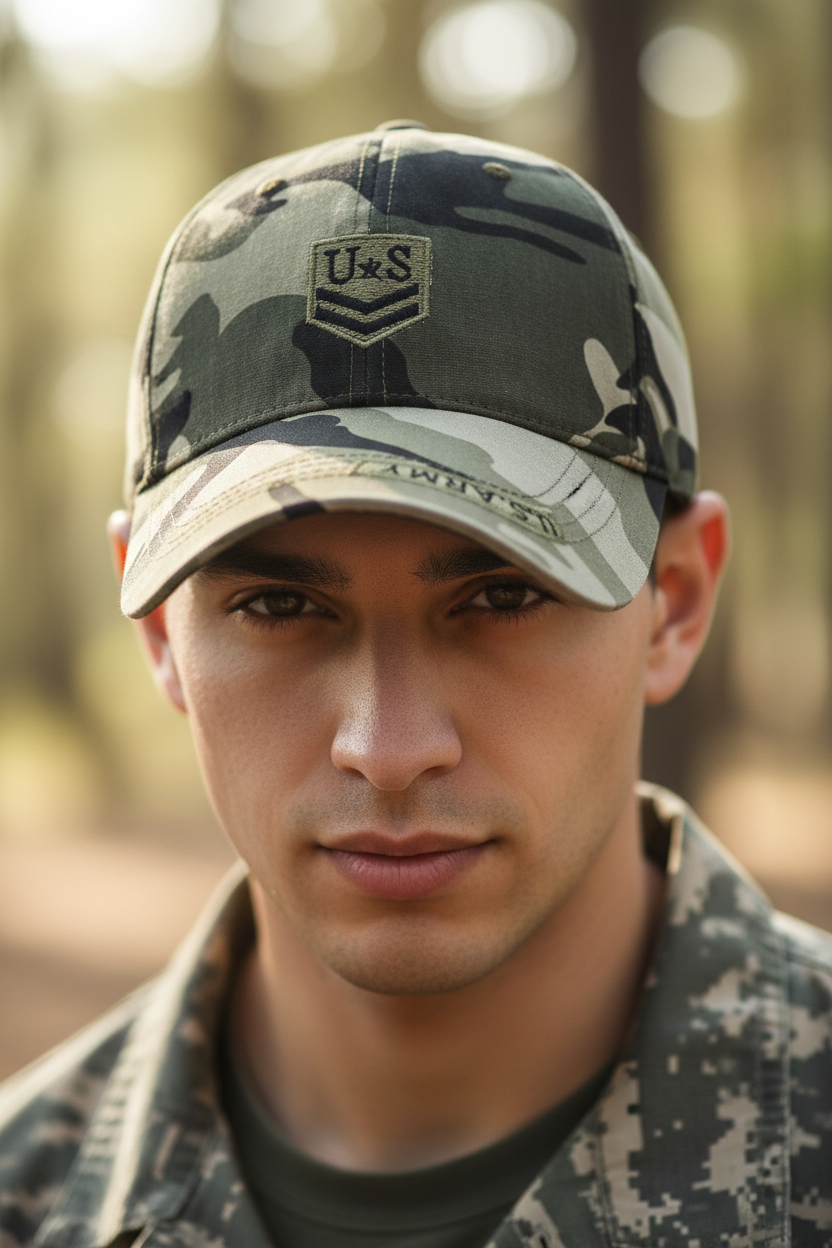 Three camouflage baseball caps in black, green, and brown colors with embroidered details on a white background.