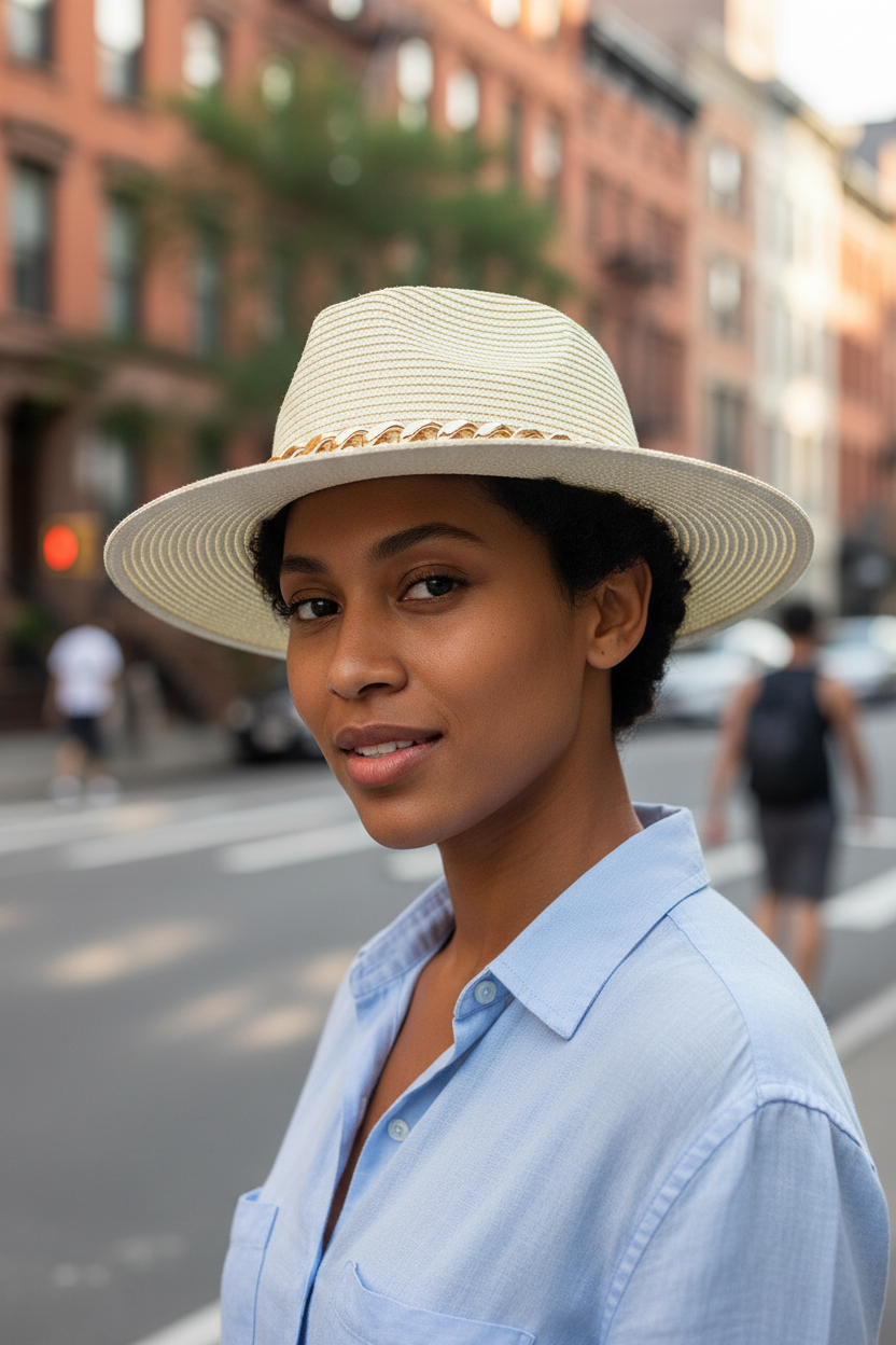 A white straw hat with a gold chain around the base.